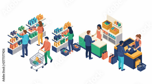 Colorful isometric supermarket shopping scene illustration.