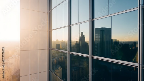 Architectural detail of a glass skyscraper wall reflecting the city skyline during a bright and warm golden sunset