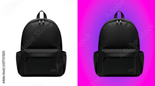 Black backpack with multiple compartments and zippers, featuring a minimalist style and durable fabric, isolated on white background, for sale