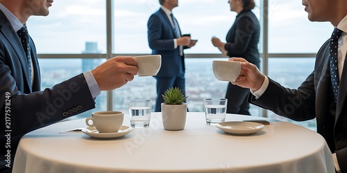 Business people in suits toasting with coffee cups at a round table in a rise office with a city view background