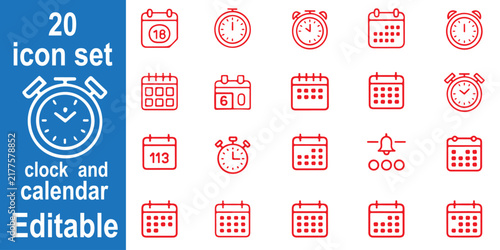 Clock and Calendar 20 Editable Line Icons Set for Time Management and Scheduling