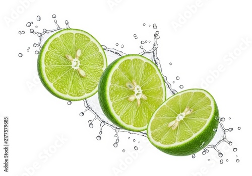 Fresh lime slices with water droplets and splashes