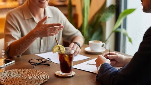 Two people having a business meeting at a wooden table with iced coffee, documents, and eyeglasses in a bright office