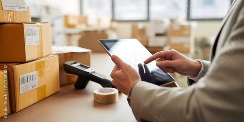 Warehouse worker using a digital tablet to manage inventory and shipping packages in a distribution center facility
