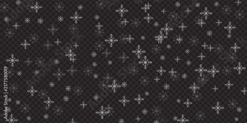 Dense Falling White Snowflakes Seamless Pattern Overlay Vector Background on Dark Transparent Grid for Winter Holiday Banners