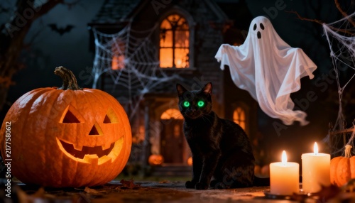 Black cat with glowing green eyes and ghost beside jack-o'-lantern at Halloween