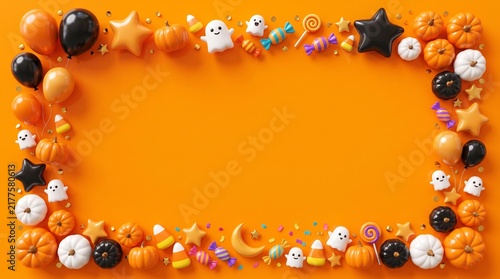 Spooky Halloween 3D decorative background with copy space and festive candy elements