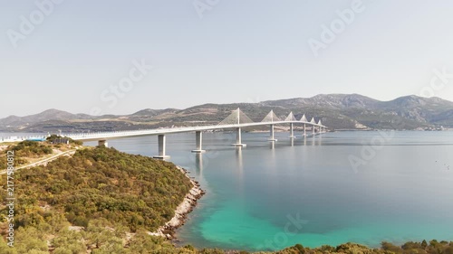 Aerial view of the impressive Pelješac Bridge, connecting mainland Croatia with the Pelješac Peninsula across the Adriatic Sea.