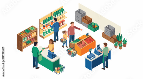 Colorful isometric grocery store interior with shoppers.