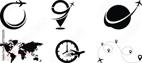 Travel and tourism vector icon collection featuring world map, airplanes, flight paths, location pins, clock and journey symbols for vacation, navigation, and international travel.