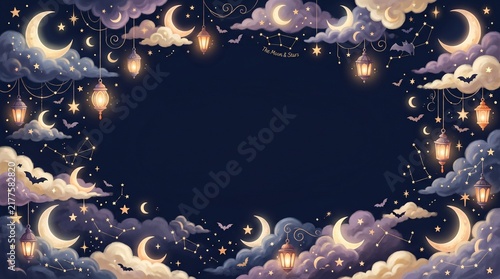 Whimsical Halloween 3D decorative background with copy space under a starry night sky with crescent moons and lanterns
