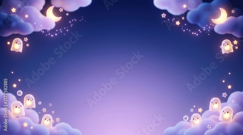 Whimsical Halloween 3D decorative background with copy space in a dreamy night sky with glowing moons and stars