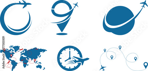 Travel and tourism vector icon collection featuring world map, airplanes, flight paths, location pins, clock and journey symbols for vacation, navigation, and international travel.