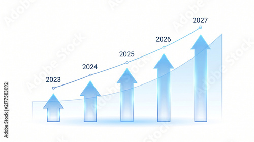 Financial growth chart with rising blue arrows, business projection graph from 2023 to 2027, corporate success and economic forecast concept isolated on White Background