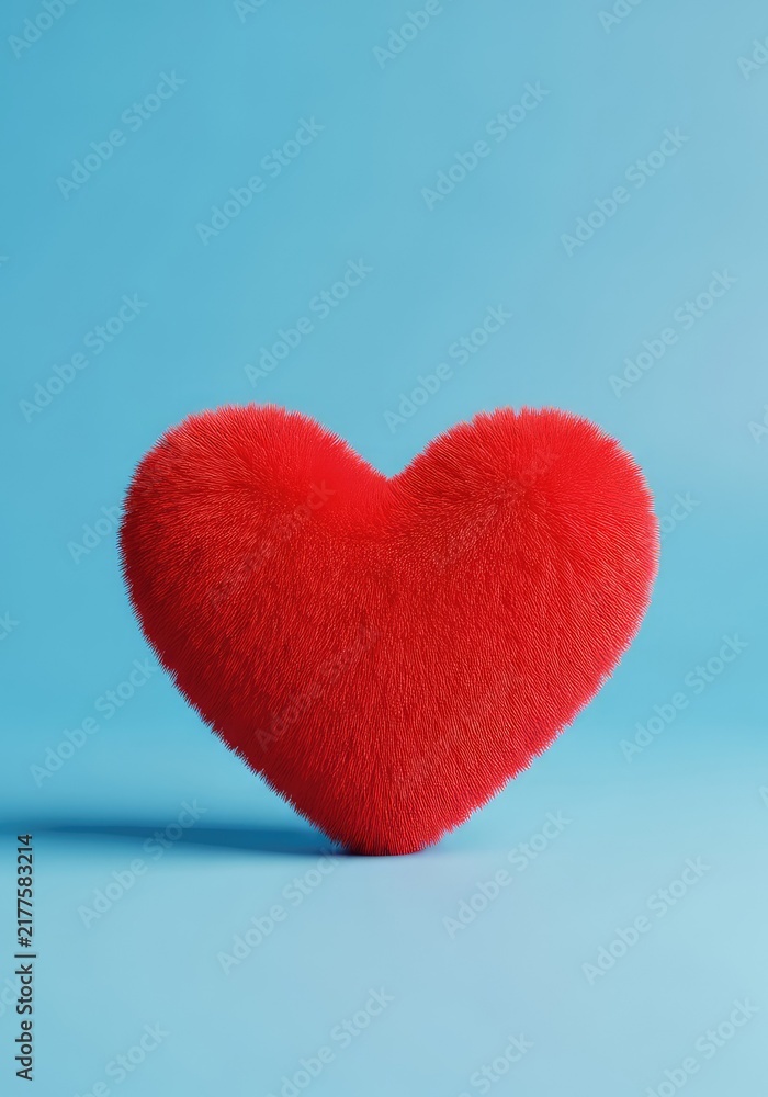 Fototapeta premium A vibrant fluffy red heart with a soft texture rests gently against a smooth blue gradient background, creating a warm and loving atmosphere, clean, wool, warmth