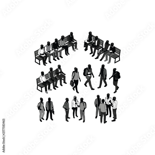 Large Monochrome Isometric People Vector Set: Diverse Characters Sitting on Benches, Walking with Backpacks, and Talking in Groups for Urban Transit and Architecture Design Projects.