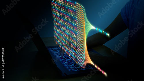 Foto Futuristic image showing colorful glowing DNA sequences in 3D space in front of