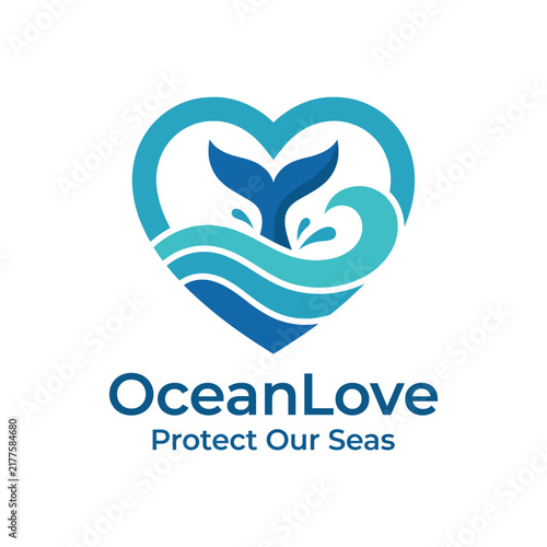A heart-shaped logo representing OceanLove, incorporating waves and a whale tail, emphasizing the importance of protecting our seas and marine life.