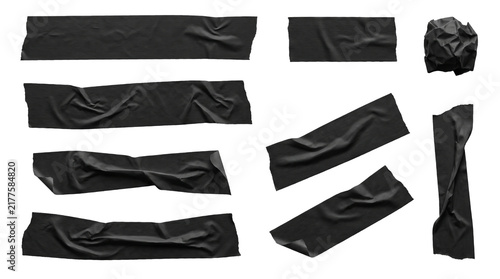 Set of Torn Black Masking Tape Strips Isolated on Transparent Background, Ripped Adhesive Tape Pieces