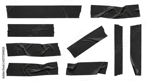 Ripped Black Tape Strips Isolated on Transparent Background, Realistic Torn Masking Tape Set