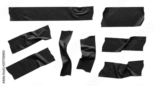 Black Adhesive Tape Pieces with Rough Torn Edges, Isolated Masking Tape Collection on Transparent Background