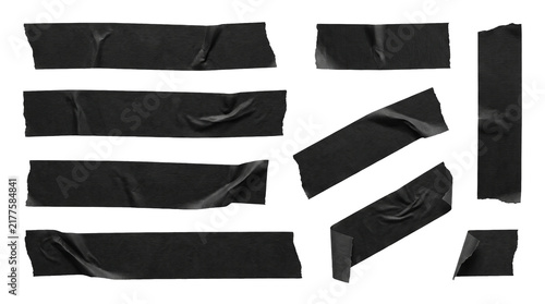 Set of Torn Black Masking Tape Strips Isolated on Transparent Background, Ripped Adhesive Tape Pieces