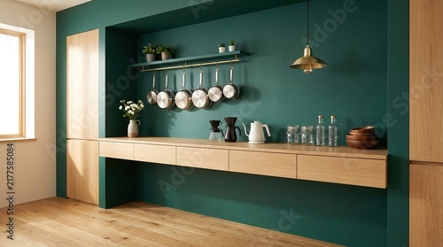 Modern kitchen interior with dark green walls and oak cabinets