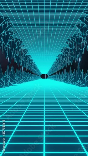 Animation of futuristic digital tunnel with glowing grid and geometric patterns
