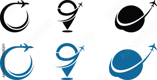 Travel and tourism vector icon collection featuring world map, airplanes, flight paths, location pins, clock and journey symbols for vacation, navigation, and international travel.