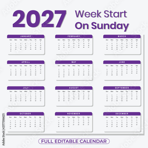 Calendar 2027 Week Starts on Sunday, 12 Month Yearly Planner Template Set for New Year Business Wall Desk and Print