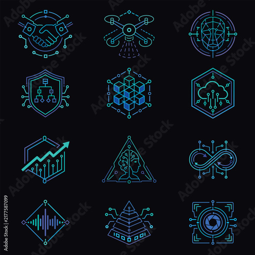 Premium Artificial Intelligence and Machine Learning Vector Icon Bundle, Modern Automation Analytics and Cloud Tech Line Art Elements Set 02
