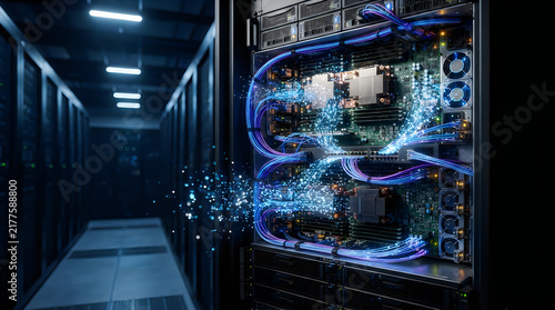 Modern data center with colorful server lights glowing