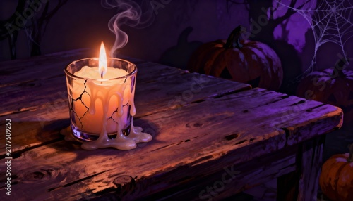 Melting candle glowing on rustic table in spooky Halloween scene