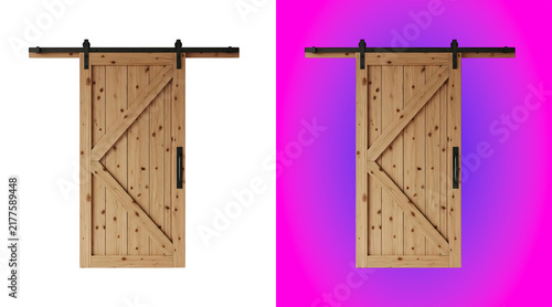 Rustic wooden barn door with black metal hardware and x pattern isolated on a white background, for interior product mockups