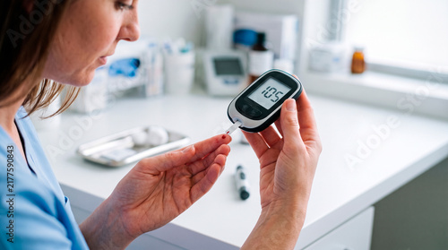 Nurse checks blood sugar level with glucose meter in medical office