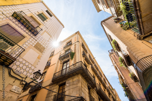 Low Angle View of Apartment Buildings at the Narrow Streets of Barcelona City Gothic Quarter