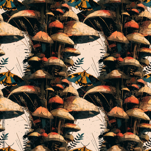 Moody graphic moth and mushroom forest seamless pattern with bold illustrative grunge artwork
