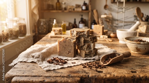 Stack of handmade soap bars with aromatic whole cloves on rustic wooden kitchen table for natural bath decor.