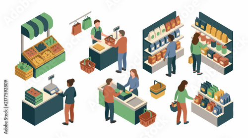 Colorful isometric grocery store shopping scene illustration.