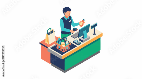 Cashier working at a colorful checkout counter.