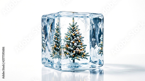 Christmas Tree Frozen Inside Transparent Ice Cube with Warm Lights on White Isolated Background