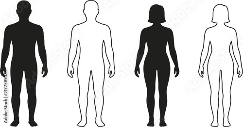 Set of unisex male and female rear view body silhouettes, black and white character outlines for design
