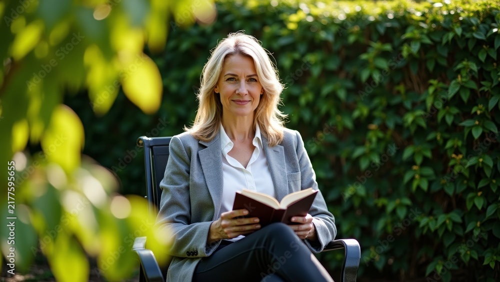 Obraz premium Mature businesswoman relaxing outdoors, sitting in chair with book, enjoying leisure and learning in a green environment
