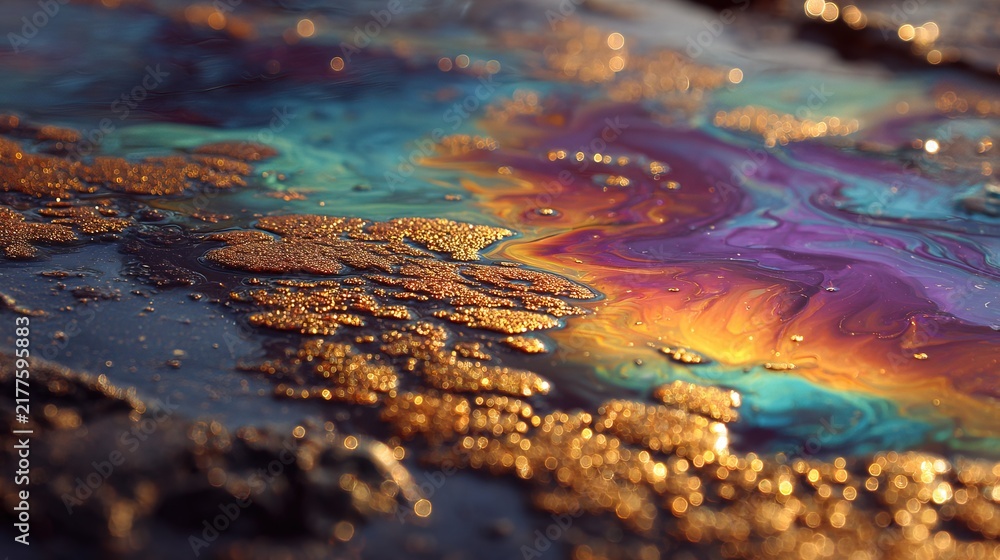 Obraz premium Colorful Oil Slick Reflection on Water Surface.