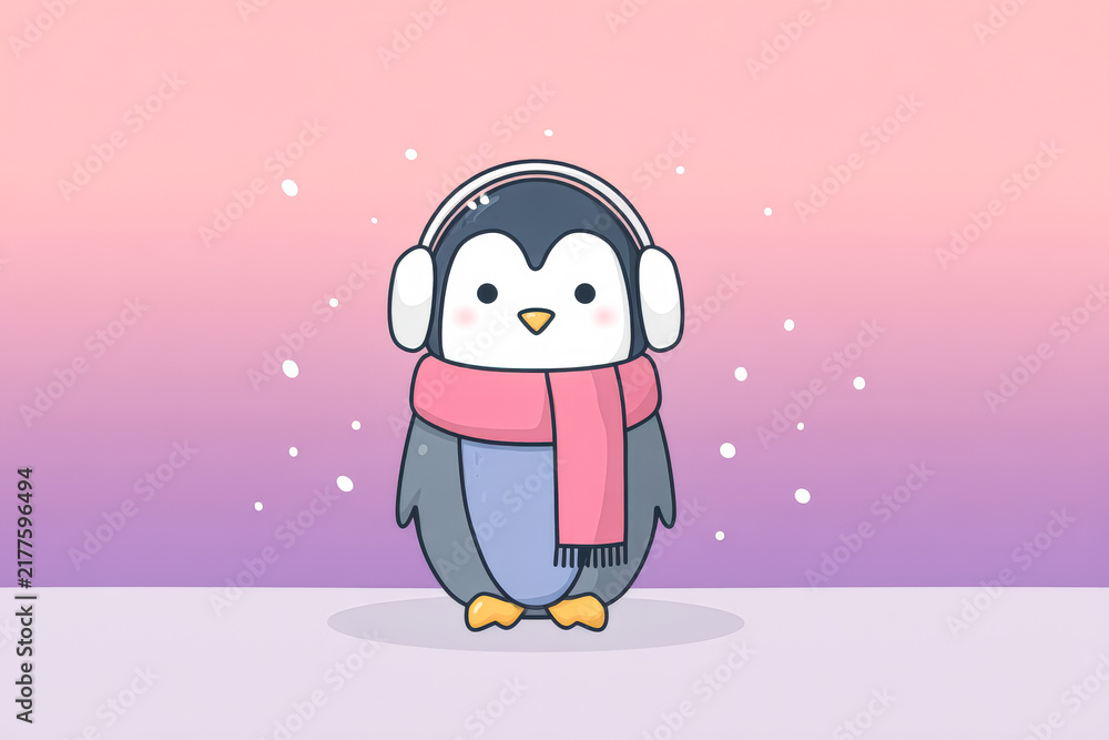 Fototapeta premium Adorable cartoon penguin wearing headphones and a pink scarf, set against a pastel gradient background with falling snowflakes. This charming illustration suggests a cozy winter theme.