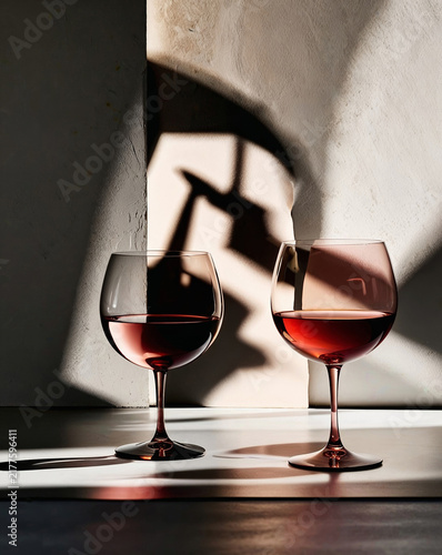 Two glasses of red wine on white table