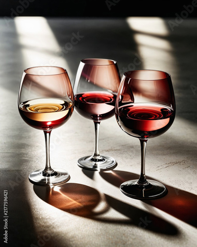 Three diverse wine glasses standing on table surface
