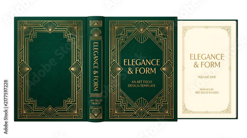 Art deco book cover design template with elegant gold geometric patterns on a deep green background, vintage luxury style book binding