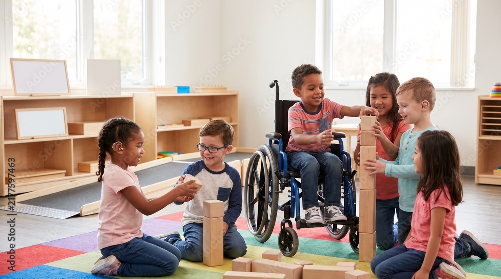 Fototapeta premium Inclusive Group of Diverse Children Playing with Wooden Blocks in Preschool