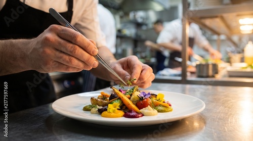 Professional Chef Plating Gourmet Vegetable Dish in Restaurant Kitchen